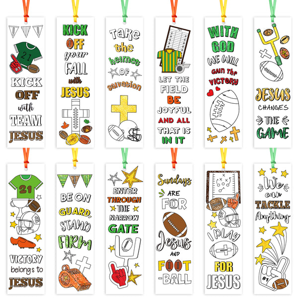 MALLMALL6 120Pcs Football Color Your Own Bookmarks for Kids, Rugby Christian Theme Art Drawing Book Markers with Helmet Bible Jesus for Church Sunday School Classroom Reward Party Gifts Goodie Fillers