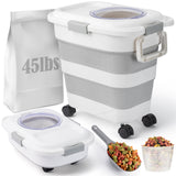 12-45 Lbs Dog Food Storage Container, Collapsible Pet Food Container with Spinner Wheels Scoop and Measuring Cup, Airtight Multifunctional Food Storage Bin for Dog Cat Bird Animal Dry Meal Rice