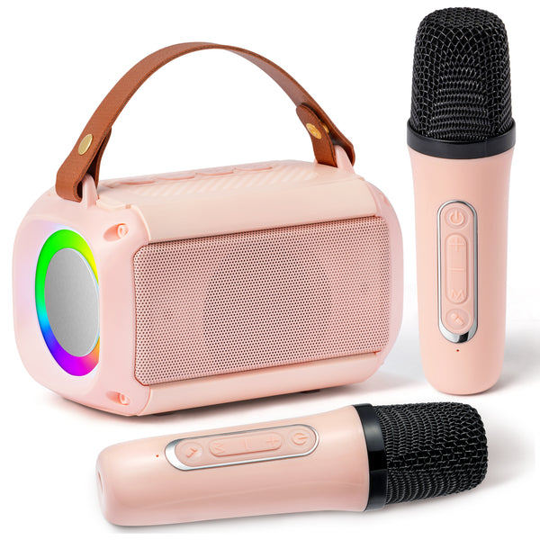 MALLMALL6 Mini Karaoke Machine with 2 Wireless Microphone for Kids Portable Bluetooth 5.3 Karaoke Mic LED Color Lights Speaker Christmas Birthday Family Home Party Toys Gift for Boys Girls Pink