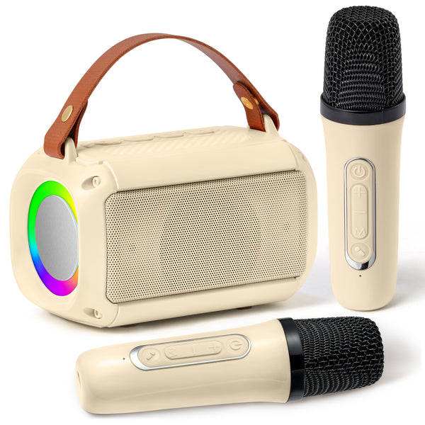 MALLMALL6 Mini Karaoke Machine with 2 Wireless Microphone for Kids Portable Bluetooth 5.3 Karaoke Mic LED Color Lights Speaker Christmas Birthday Family Home Party Toys Gift for Boys Girls Beige