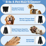 MALLMALL6 4 in 1 Dog Cat Power Motor Grooming Kit, 2 Speed Rechargeable Pet Hair Clippers with Guards, Low Noise Cordless Electric Paw Trimmer Nail Grinder Multifunctional Shaver for Dogs Cats Black