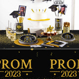MALLMALL6 3 Pieces Prom 2023 Gold Party Tablecloths for Graduates Congrats Graduation Party Supplies Decorations Table cloth, Plastic Table Cover Black and Gold for Grad Party Decors, 86×51 inch