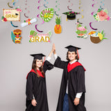 MALLMALL6 30Pcs Hawaii Graduation Party Swirl Decorations Hanging GRAD Swirl with Palm Leaves Pineapples Caps Flamingos, Ceiling Foil Streamers for Graduates Party Decor Supplies Accessories