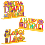 MALLMALL6 3Pcs Diwali Wood Table Decoration Centerpiece Happy Diwali Let's Get Lit Warm Wishes Light Candle Henna Pattern Wooden Design Decor for Traditional Festival Party Celebration Supplies