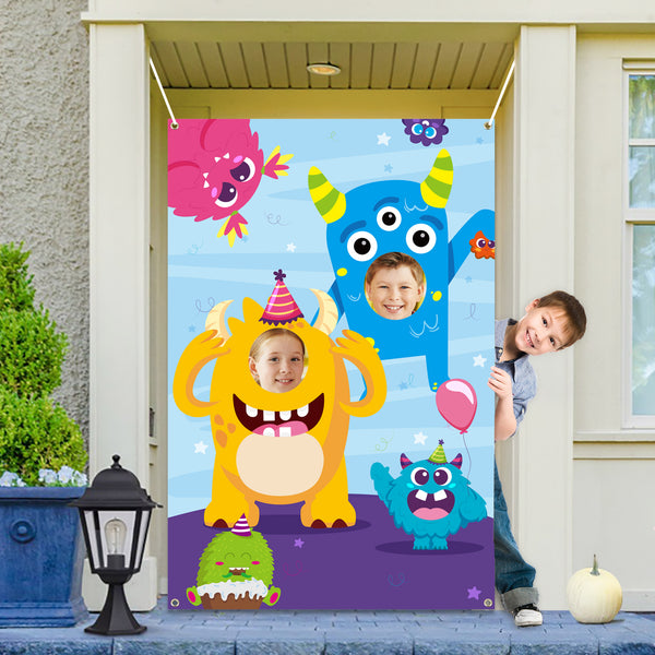 MALLMALL6 Monster Door Banner Large Polyester Monster Face Photo Banner Background Pretend Play Party Game Backdrop Prop Poster Halloween Monster Theme Party Favor Supplies Decorations for Kids
