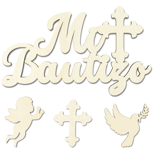 MALLMALL6 Mi Bautizo Wooden Sign for Baby Shower Door Hanging Decorations with Cross Angel Dove Baptism and Boy or Girl Gender Reveal Party Supplies, Hand Held Photo Props Wood Ornament for Birthday