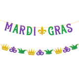 MALLMALL6 2Pcs MARDI GRAS Banner Mardi Gras Carnival Glittery Sign with Fleur De Lis Mask Crown Pre-Strung Hanging Kit Shrove Fat Tuesday New Orleans Masquerade Party Decorations for Fireplace Mantel