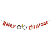 MALLMALL6 Happy Christmas Banner Magical Wizard Theme Party Favors Supplies Red Glittery Sign Xmas Photo Backdrops Pre-Strung Hanging Kit Christmas Eve Decorations for Fireplace Home Wall Outdoor
