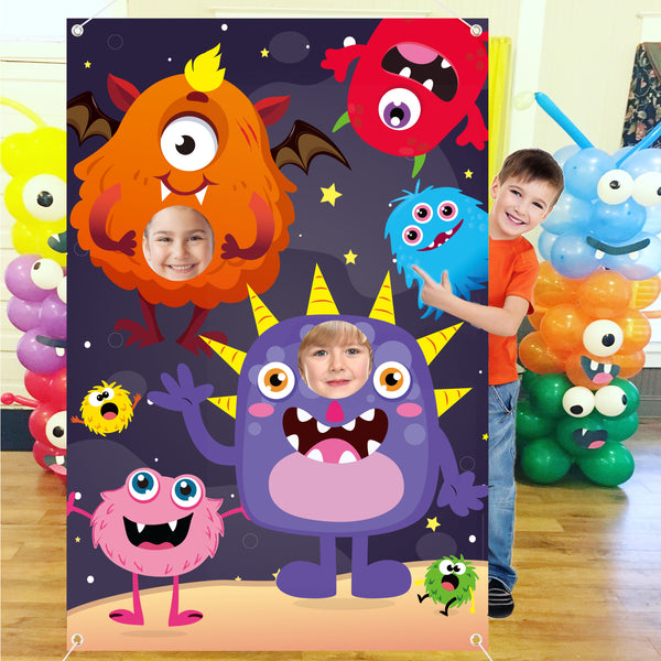 MALLMALL6 Monster Face Frame Photo Booth Props Hanging Photography Background Decor Cartoon Door Banner 5x3ft Monster Themed Halloween Party Decorations Carnival Birthday Game Supplies for Kids