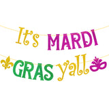 MALLMALL6 It's MARDI GRAS Y'all Banner Mardi Gras Carnival Glittery Sign with Fleur De Lis Mask Pre-Strung Hanging Kit Shrove Fat Tuesday New Orleans Masquerade Party Decorations for Fireplace Mantel
