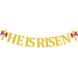 MALLMALL6 HE is Risen Banner Easter Party Decorations Religious Holiday Supplies Pre-Strung Glittery Sign Cross Patterns Ready to Hang Wall Art Jesus Faith Photo Props for Outdoor Church Fireplace