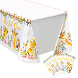 MALLMALL6 4pcs Wild One Girl Table Cover Jungle Animal Party Tablecloths Disposable Plastic Pink Floral Table Cloth One Year Old Birthday Baby Shower Party Decorations Supplies for Kids Girl Boy