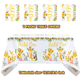 MALLMALL6 4pcs Wild One Girl Table Cover Jungle Animal Party Tablecloths Disposable Plastic Pink Floral Table Cloth One Year Old Birthday Baby Shower Party Decorations Supplies for Kids Girl Boy