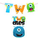 MALLMALL6 Monster 2nd birthday Banner Cake Topper Party Supplies Felt Two Banner Cake Decorations for Second Birthday Party Favor Cake Smash Photo Booth Props Decor for Two Year Old Boys Girls