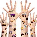 MALLMALL6 8 Sheets Monster Trucks Temporary Tattoos for Kids Waterproof Vehicle Fake Tattoos Checkered Racing Flag Dirt Cars Body Sticker Cartoon Art Decal Birthday Party Favor Supplies for Boys Girls