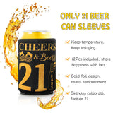 MALLMALL6 12Pcs 21th Happy Birthday Beer Can Sleeves Set Twenty-one Years Old Theme Party Decoration Favor Supplies Black and Gold Cheers Beer Bottle Cover Soda Beverage Can Decor Gift for Men Women