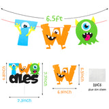 MALLMALL6 Monster 2nd birthday Banner Cake Topper Party Supplies Felt Two Banner Cake Decorations for Second Birthday Party Favor Cake Smash Photo Booth Props Decor for Two Year Old Boys Girls