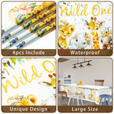 MALLMALL6 4pcs Wild One Girl Table Cover Jungle Animal Party Tablecloths Disposable Plastic Pink Floral Table Cloth One Year Old Birthday Baby Shower Party Decorations Supplies for Kids Girl Boy