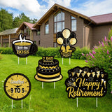 MALMALL6 5Pcs Happy Retirement Yard Sign Black Gold Cake Balloons Waterproof Garden Large Signs Retired Themed Lawn Backyard Photo Prop with Stakes Ornaments for Outdoor Party Decoration Supplies