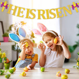 MALLMALL6 HE is Risen Banner Easter Party Decorations Religious Holiday Supplies Pre-Strung Glittery Sign Cross Patterns Ready to Hang Wall Art Jesus Faith Photo Props for Outdoor Church Fireplace