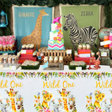 MALLMALL6 4pcs Wild One Girl Table Cover Jungle Animal Party Tablecloths Disposable Plastic Pink Floral Table Cloth One Year Old Birthday Baby Shower Party Decorations Supplies for Kids Girl Boy