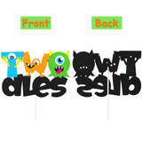 MALLMALL6 Monster 2nd birthday Banner Cake Topper Party Supplies Felt Two Banner Cake Decorations for Second Birthday Party Favor Cake Smash Photo Booth Props Decor for Two Year Old Boys Girls