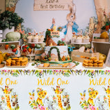 MALLMALL6 4pcs Wild One Girl Table Cover Jungle Animal Party Tablecloths Disposable Plastic Pink Floral Table Cloth One Year Old Birthday Baby Shower Party Decorations Supplies for Kids Girl Boy