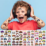 MALLMALL6 8 Sheets Monster Trucks Temporary Tattoos for Kids Waterproof Vehicle Fake Tattoos Checkered Racing Flag Dirt Cars Body Sticker Cartoon Art Decal Birthday Party Favor Supplies for Boys Girls