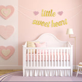 MALLMALL6 Little Sweetheart Banner Valentine's Day Baby Shower Party Favors Supplies Golden Glittery Sign Photo Props Pre-Strung Hanging Kit Valentine Gender Reveal Party Decorations for Boy Girl