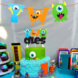 MALLMALL6 Monster 2nd birthday Banner Cake Topper Party Supplies Felt Two Banner Cake Decorations for Second Birthday Party Favor Cake Smash Photo Booth Props Decor for Two Year Old Boys Girls